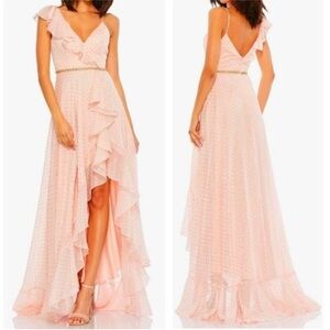 NWT MAD‎ DUGGAL POLKA DOT ASYMMETRICAL RUFFLE LONG FORMAL GOWN PINK 49330
